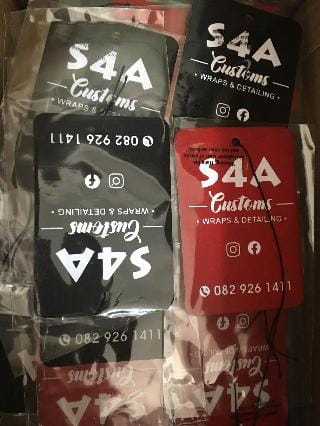 Black and red S4A Customs air fresheners for a wrap and detailing business
